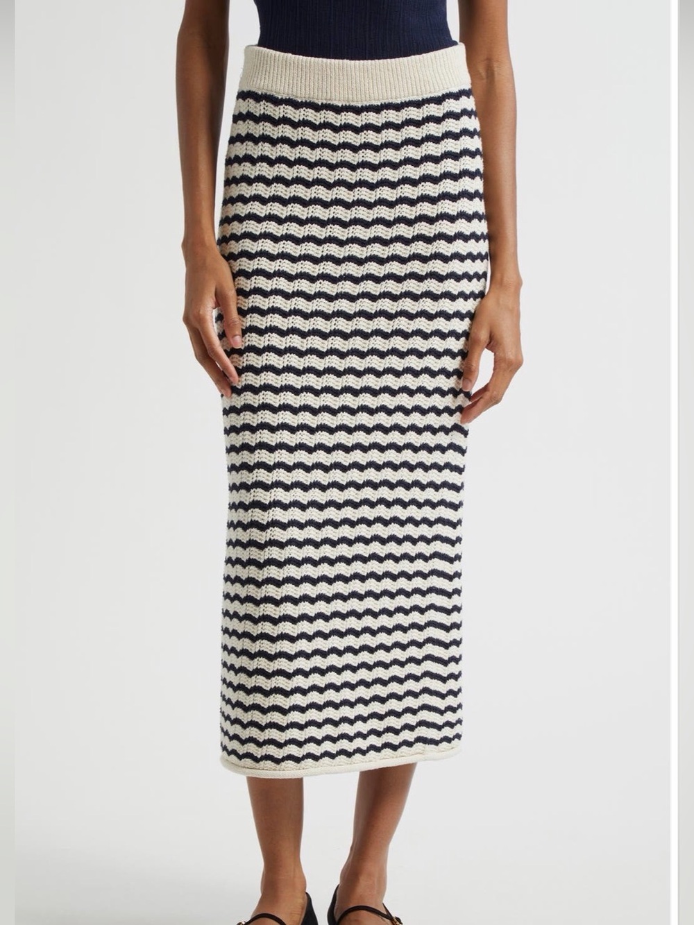 A.L.C. Alexis Parchment Striped Rib Knit Midi Skirt Cotton Blend Size Large